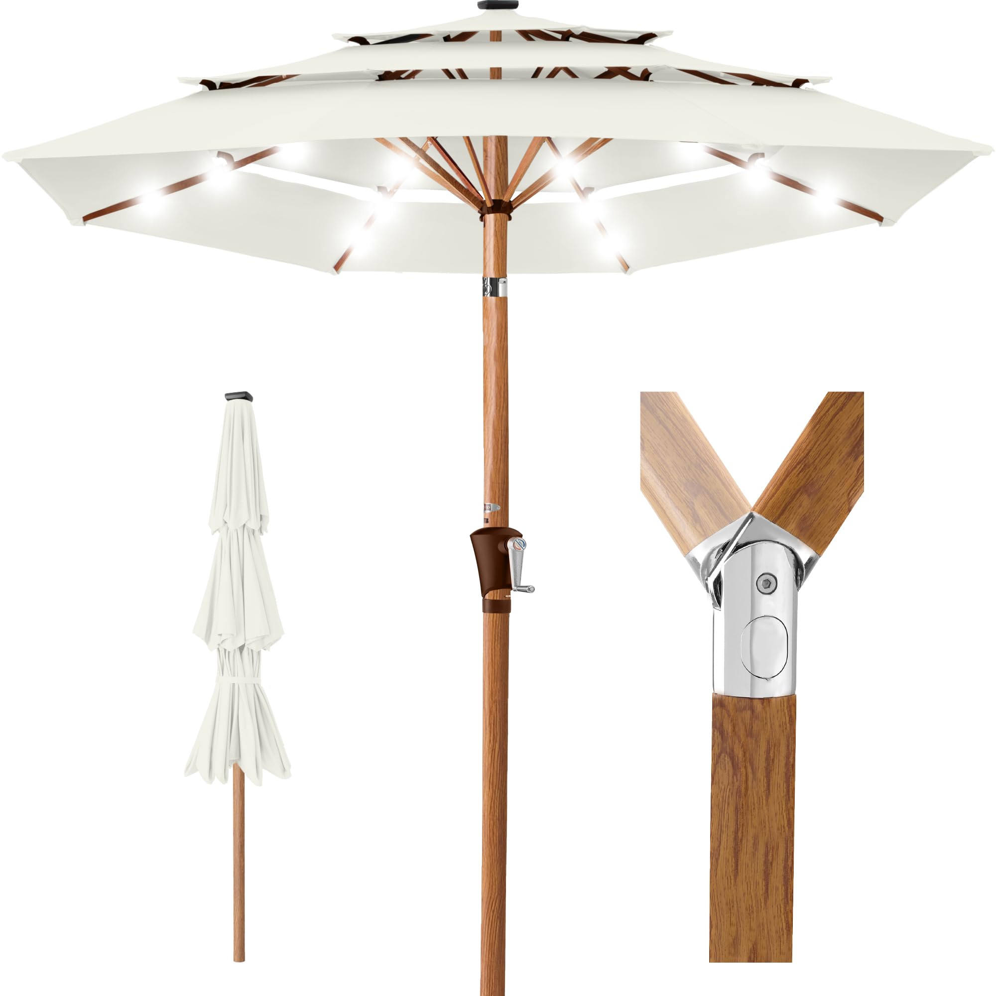 Best Choice Products 10ft 3-Tier Solar Patio Market Umbrella, Outdoor Sun Shade for Backyard, Deck, Poolside, Table w/Woodgrain Pattern, LED Lights, Tilt Adjustment - Ivory