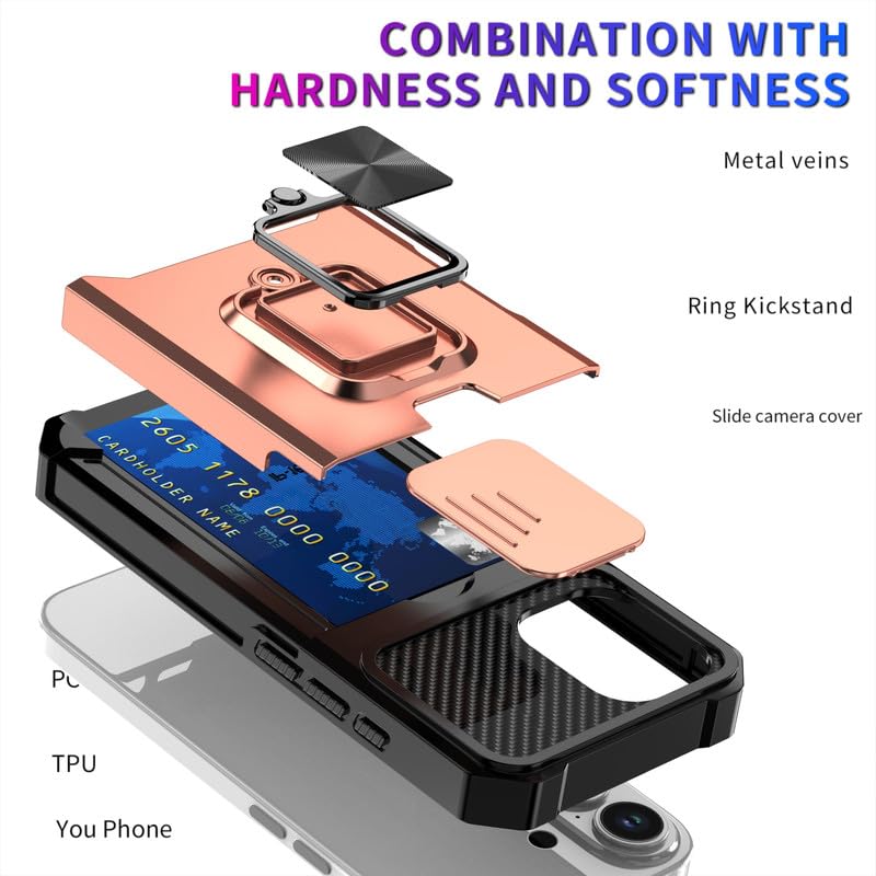 Image of LuxuryKase Shockproof Armor Case for iPhone 17 | Slide Camera Cover | Hidden Card Slot | Rotating Ring Kickstand | Magnetic Car Mount Support | Military Grade Protection - Rose Gold