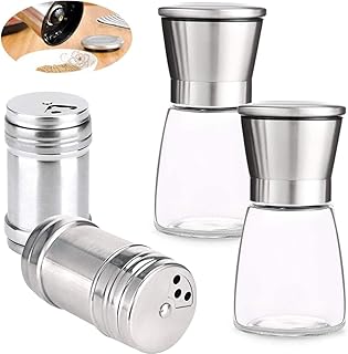Moulins Sel Poivre,Xiuyer 2pcs Meule Céramique Réglable Manuel Broyeur Épices + 2pcs Acier INOX Boîtes d'Assaisonnement Salière Poivrières Sucre Pepper Shaker pour Cuisine BBQ