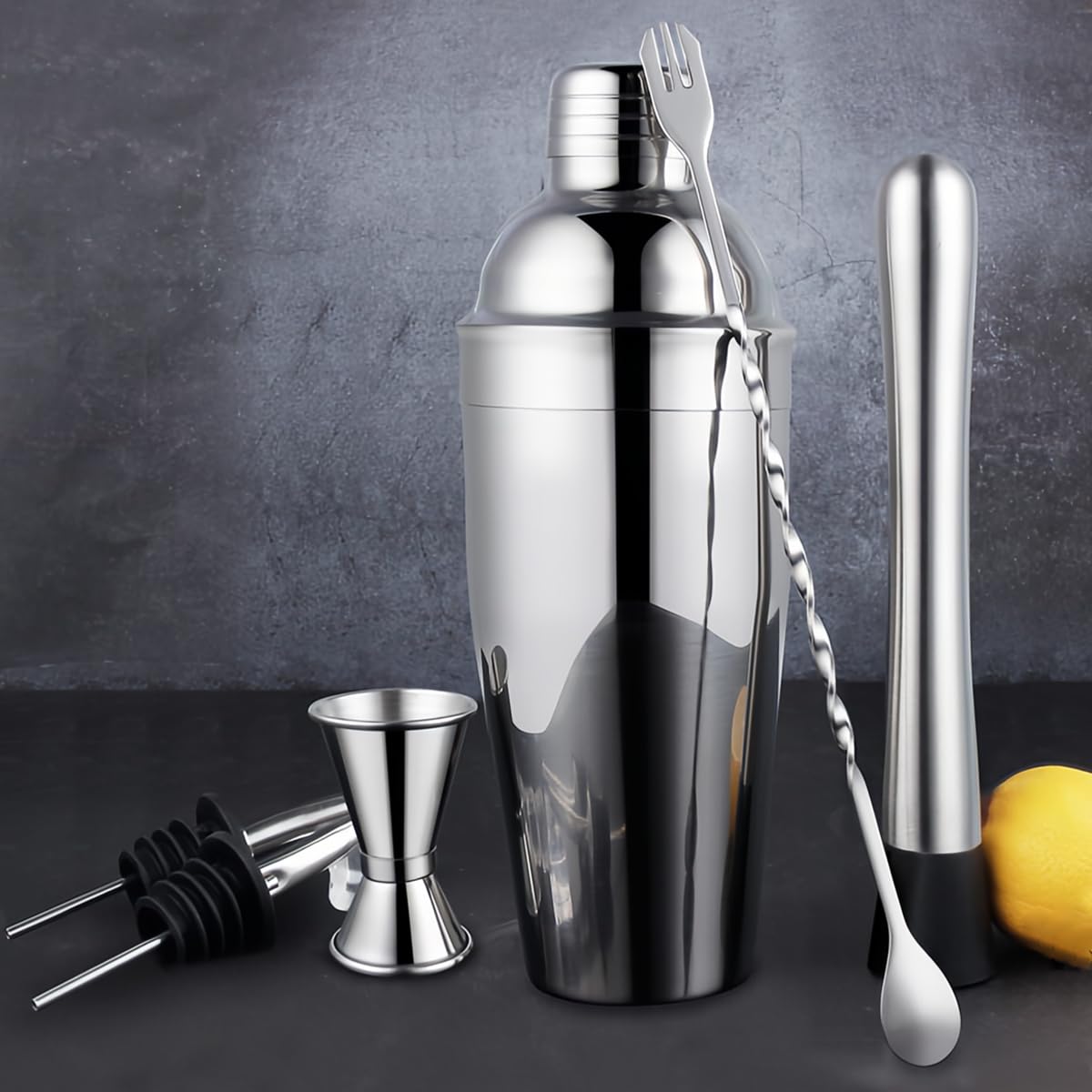 6 sets de cóctel premium de LiangYuanZen, una coctelera de 750 ml, un vaso medidor doble, 2 crunker, una cuchara y un stasipunk.