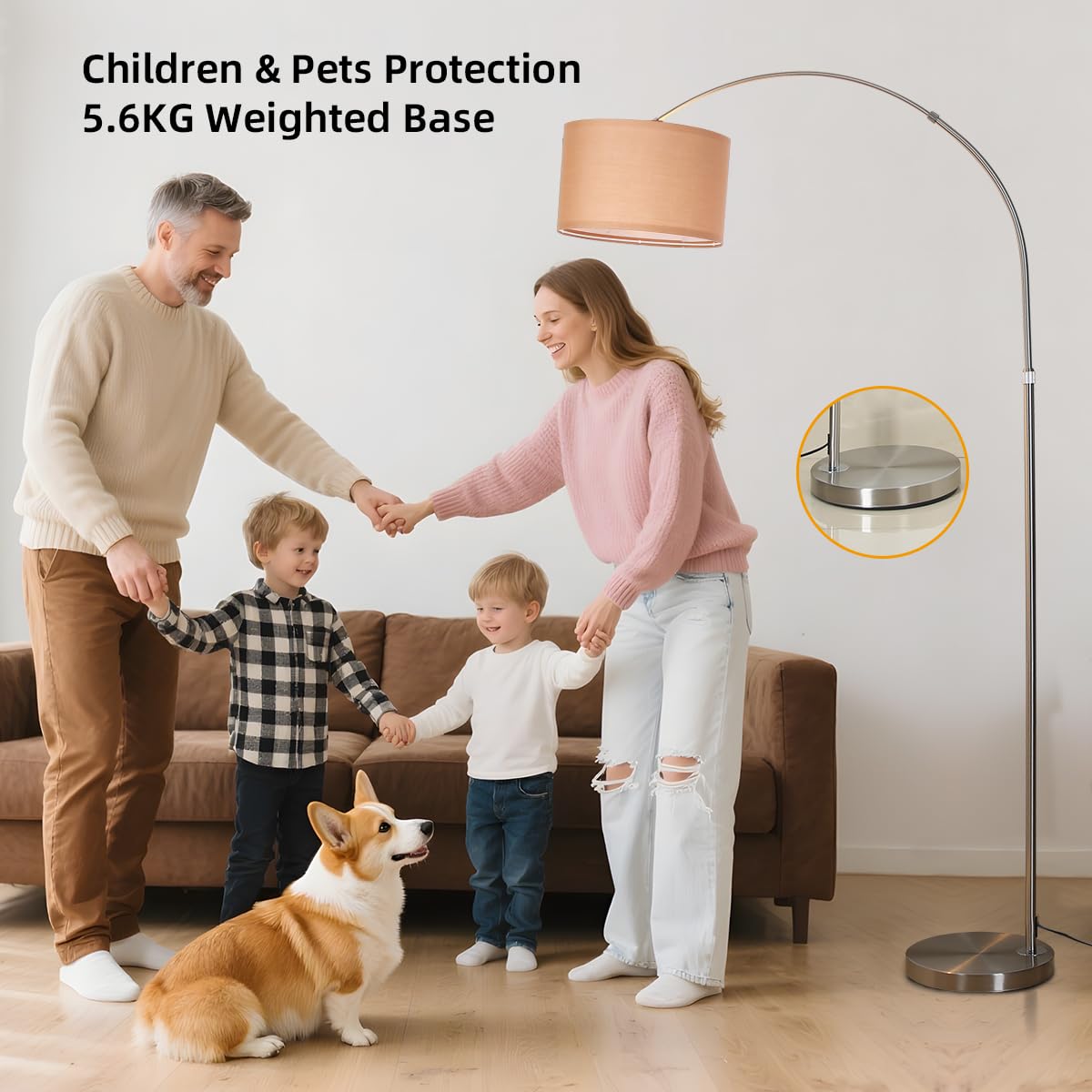 ANTENLICHT AURA Bogenlampe Stehlampe mit Fernbedienung Inklusive LED E27 | Wohnzimmer Stehlampe Dimmbar Nickel I Stoffschirm Braun I Fußschalter I Bogenleuchte Vintage für Schlafzimmer, Hotel