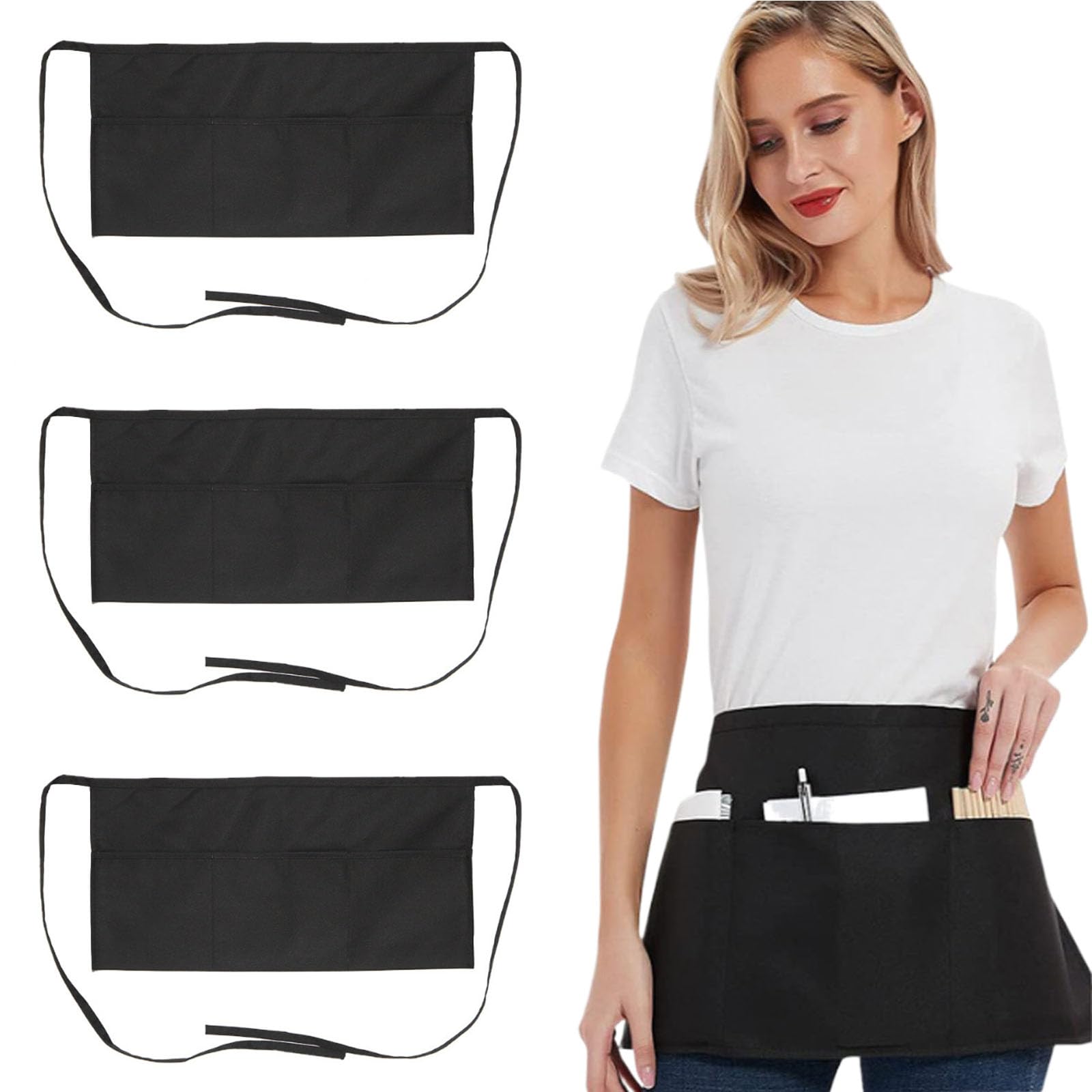 Oaygat 3 Pack Waist Apron Tabards for Women Men with 3 Pockets Waitress Half Apron Waitress Apron 23 * 11 In Gardening Cooking Florist Kitchen Apron Work Apron Waiter Baking Apron Short Apron