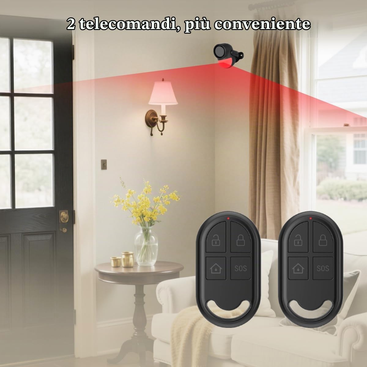 GLOOK Antifurto Allarme Casa Senza Fili con 2 Telecomando, 125dB Sensore Movimento Allarme, Sirena Allarme Perimetrale, Garage, Auto, Porta, Ingresso, Esterno, Finestre, Camper