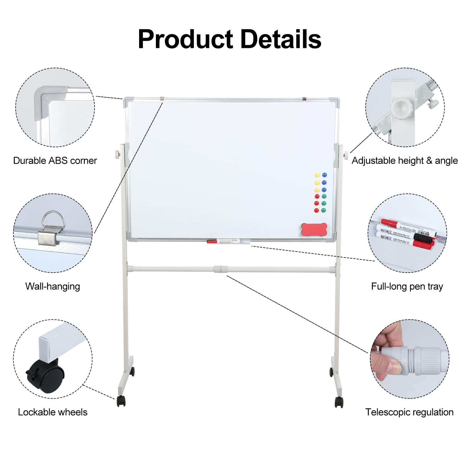 Tableau blanc mobile double face avec support, 91,4 x 61 cm, tableau blanc à roulettes effaçable à sec pour salle de classe, bureau, avec 5 marqueurs, 12 clous magnétiques et 1 gomme blanche