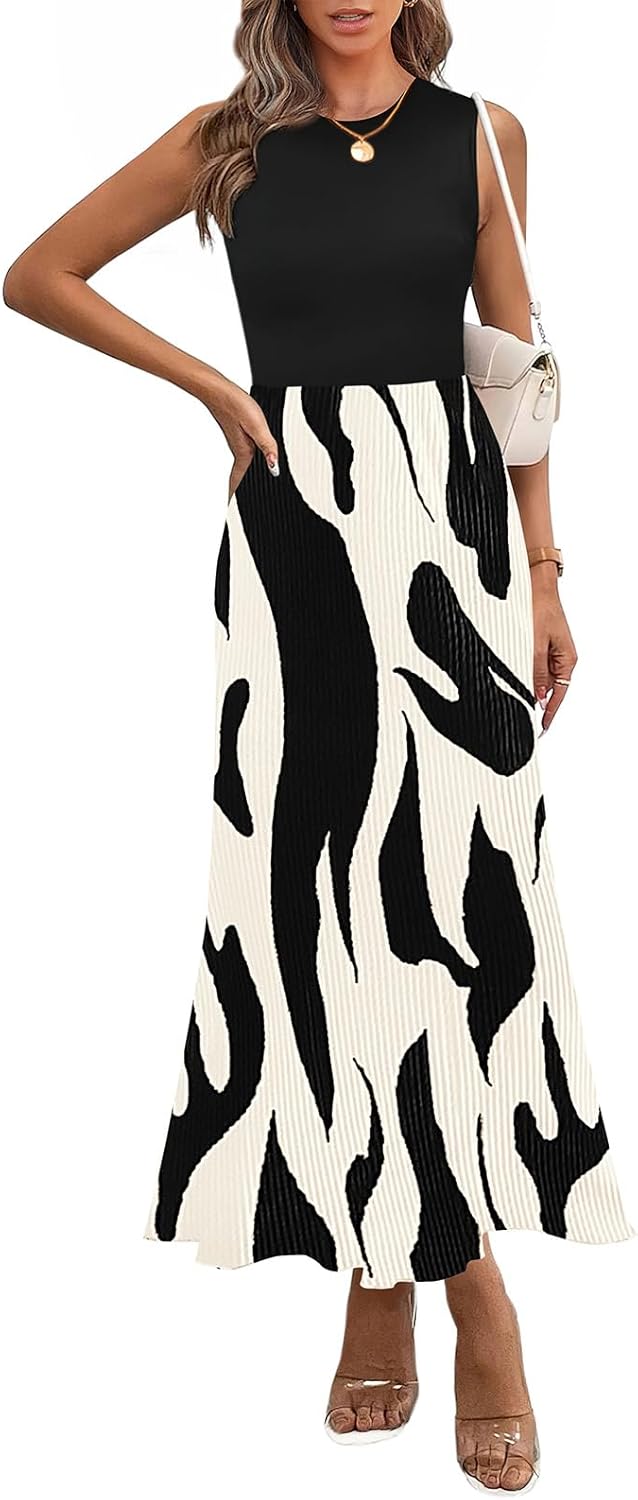 PRETTYGARDEN Womens Spring 2025 Graphic Print A Line Pleated Work Midi Dresses for Women Casual Plisse Long Dress