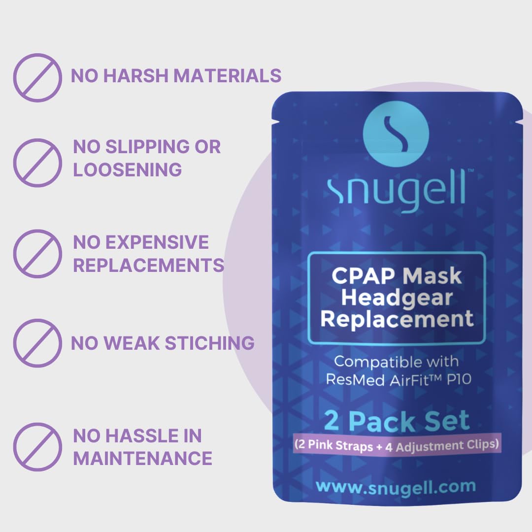 Snugell AirFit P10 Headgear Strap Replacement for Nasal Pillow Mask CPAP Accessories with 4 Adjustment Clips – Durable Premium Elastic Providing Secure Comfortable Sleep Therapy, 2 Pack - Pink