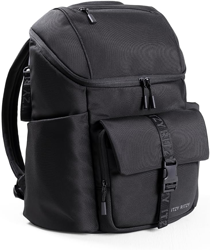 Itzy Ritzy Belong Bucket Backpack – Lightweight Diaper Bag Backpack Featuring 16 Pockets, Bucket Top Opening, Stroller Straps & Changing Pad – Organized and Stylish Everyday Family Backpack (Black)