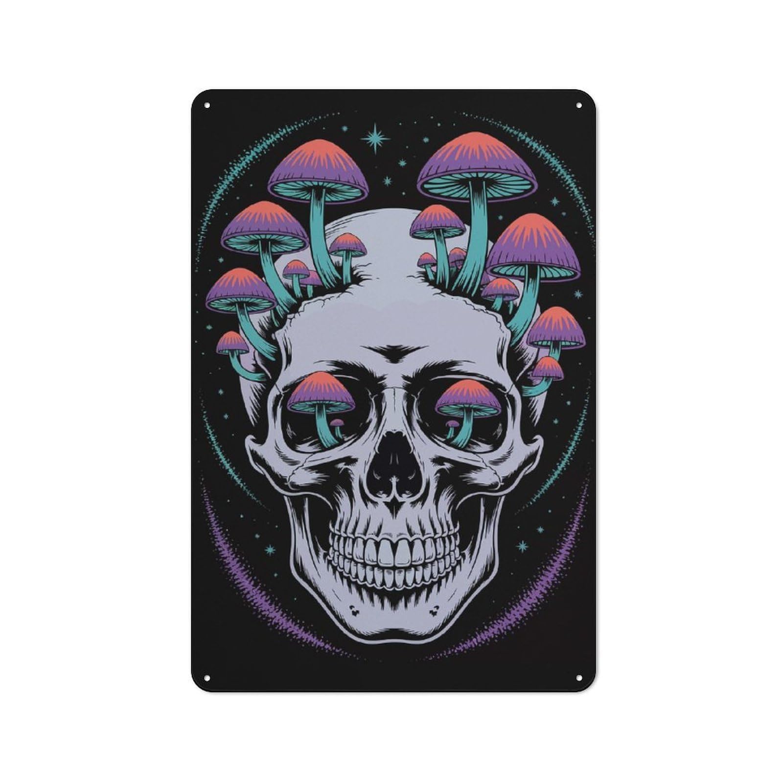 Junmoney Skull With Mushrooms Digital Art Classic Decorative Tin Plaque 30X20cm, Bar Wall Plaque For Diner, Restaurant, Shed Or Kitchen