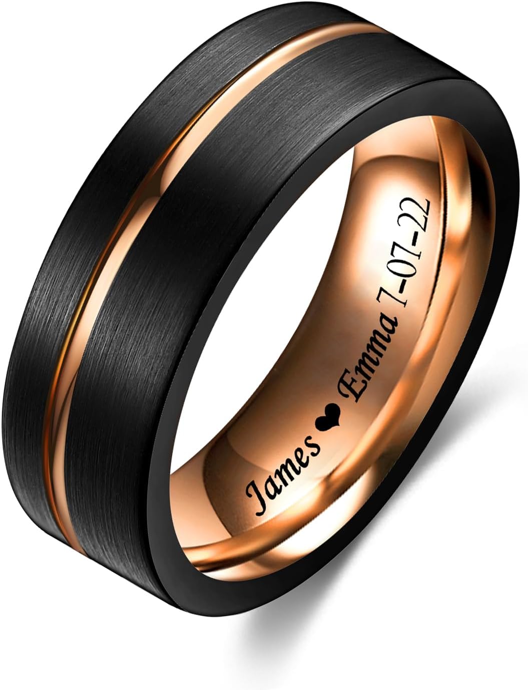 Customized Tungsten Ring for Men with Half Size 8mm Personalized black plated Rose Gold two-tone Tungsten Engagement Wedding Band Polished Finish Promise Ring Comfort Fit Size 5-14