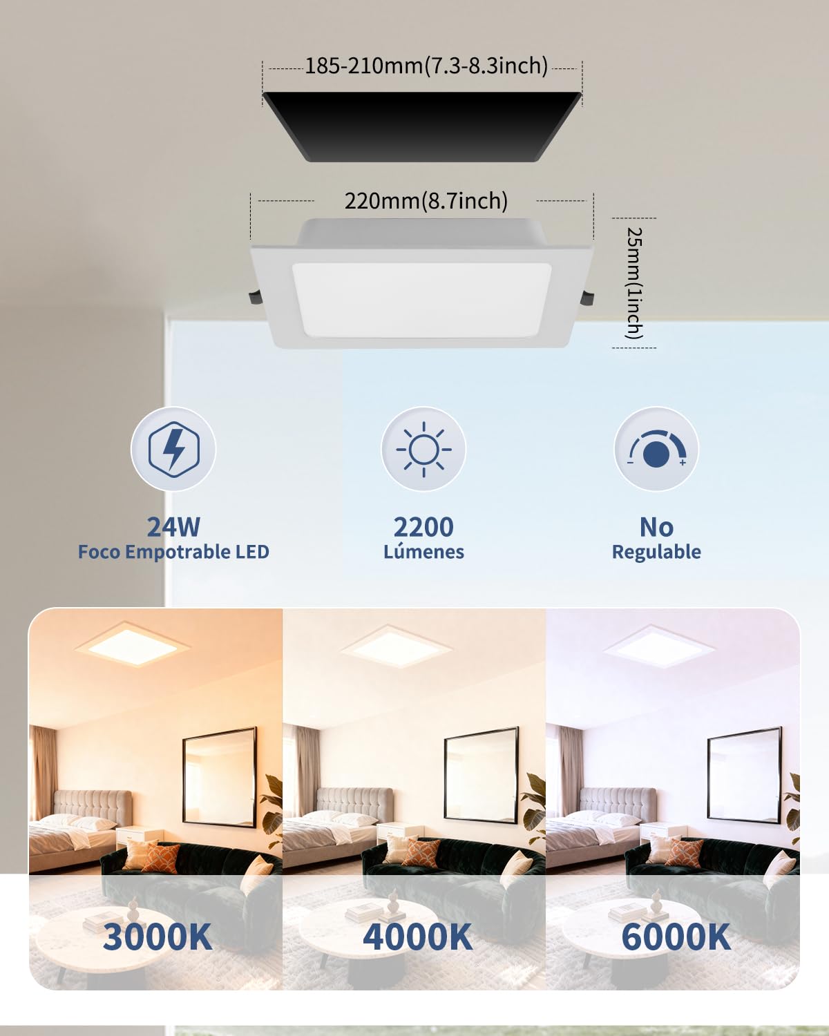 pack 2 Downlight LED Techo Empotrable 24W (230W) Slim, Cuadrado, Panel Redondo Empotrado, Placa Extraplana 2200 lúmenes, Corte techo 185-210mm, Luz Seleccionable 3000K-4000K-6000K (3CCT)