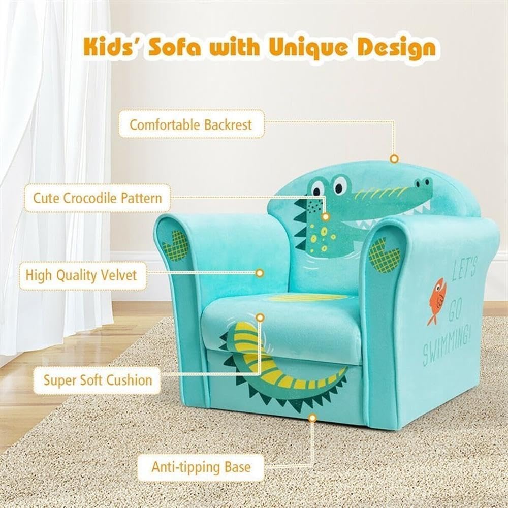 Pemberly Row Kids Sofa, 19.5" L x 15" W x 16.5" H, Eucalyptus Frame, Green Velvet Upholstery, Compact Lightweight Design, Ergonomic Armrest, Playful Style for Bedroom or Playroom, Ages 1–5, 110 lbs