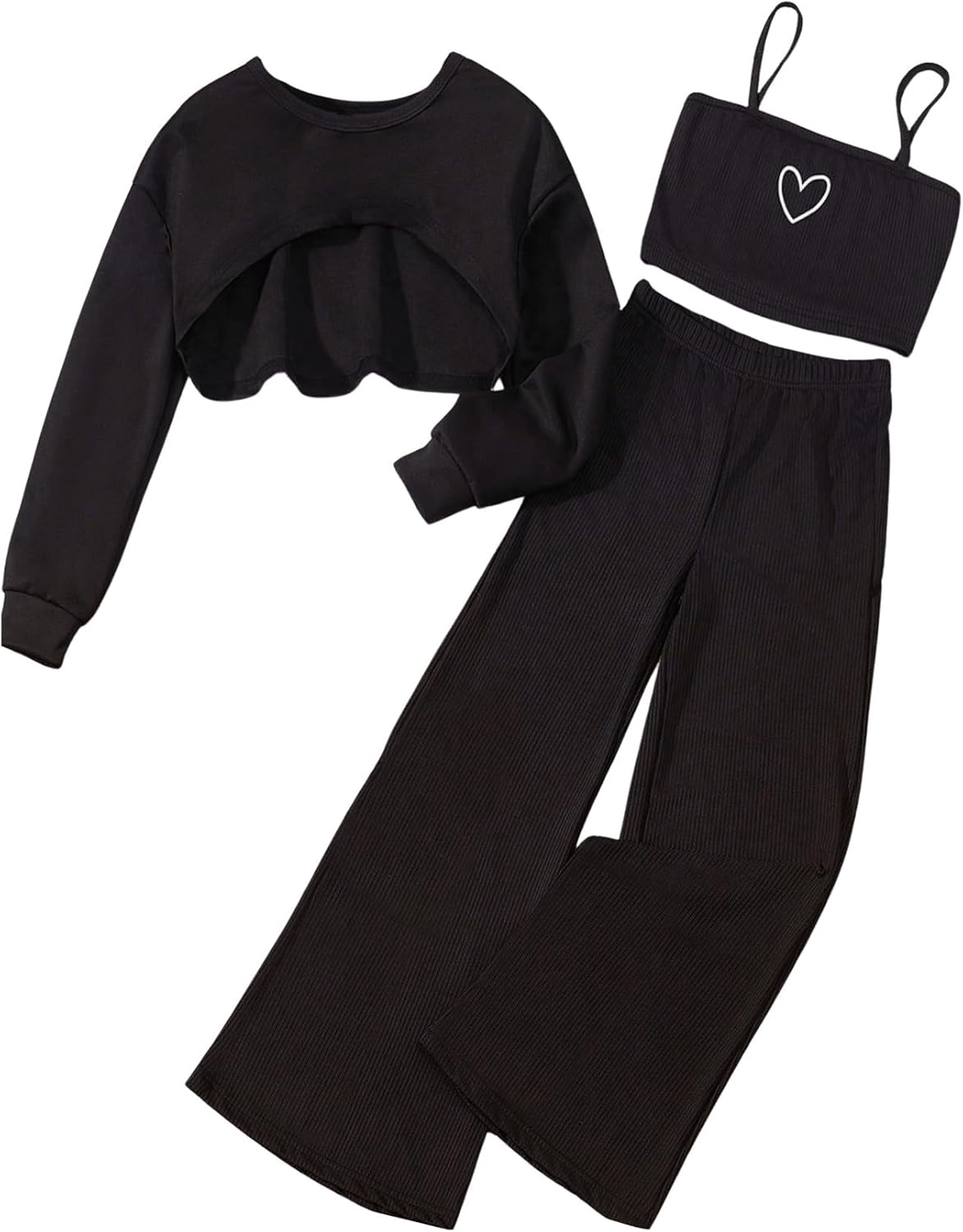 OYOANGLE Girl's 3 Piece Outfit Heart Print Long Sleeve Super Cropped Top and Camisole with Wide Leg Pants Set