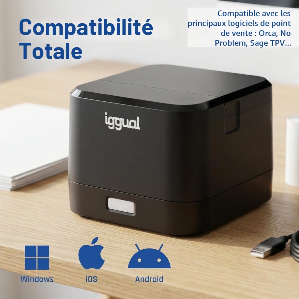 iggual Imprimante thermique de tickets TP Easy 58 - Connexion USB + RJ11, 58 mm d'impression, vitesse 90 mm/s, 203 x 203 dpi, Windows 11/10/8/7/Vista/XP/2000/JPOS/Linux, SDK Android, iOS, Windows (139