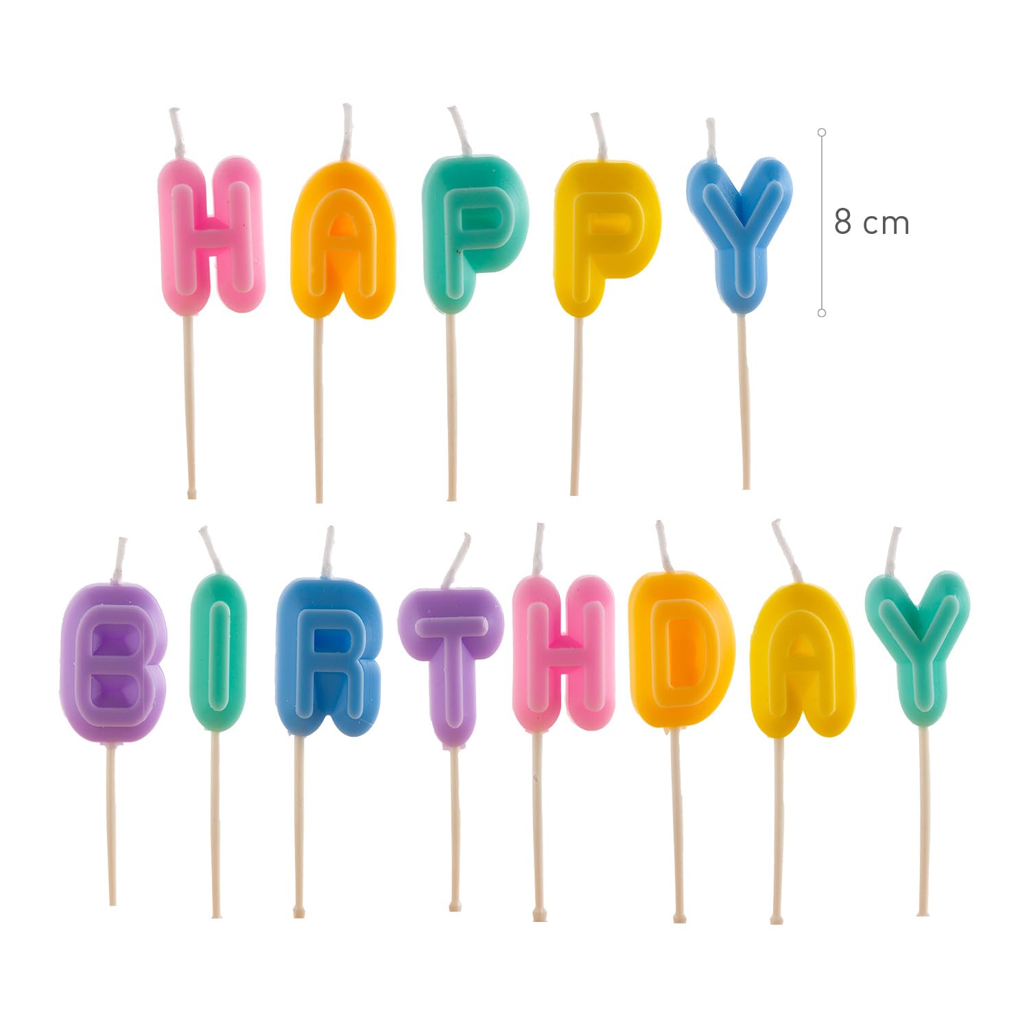 dekora - Świeczki Urodzinowe Happy Birthday 8 cm na Tort | Kolorowe litery Happy Birthday z uchwytami, Dekoracja tortu odpowiednia do kontaktu z żywnością