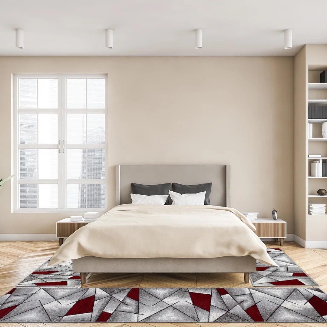 oKu-Tex Bettumrandung Set 3-teilig [67x340 cm | 2 mal 67x140 cm] Roter Bettvorleger, meliert - weicher Kurzflor pflegeleicht - Teppich Schlafzimmer - Modernes geometrisches Design - Deutsche Marke