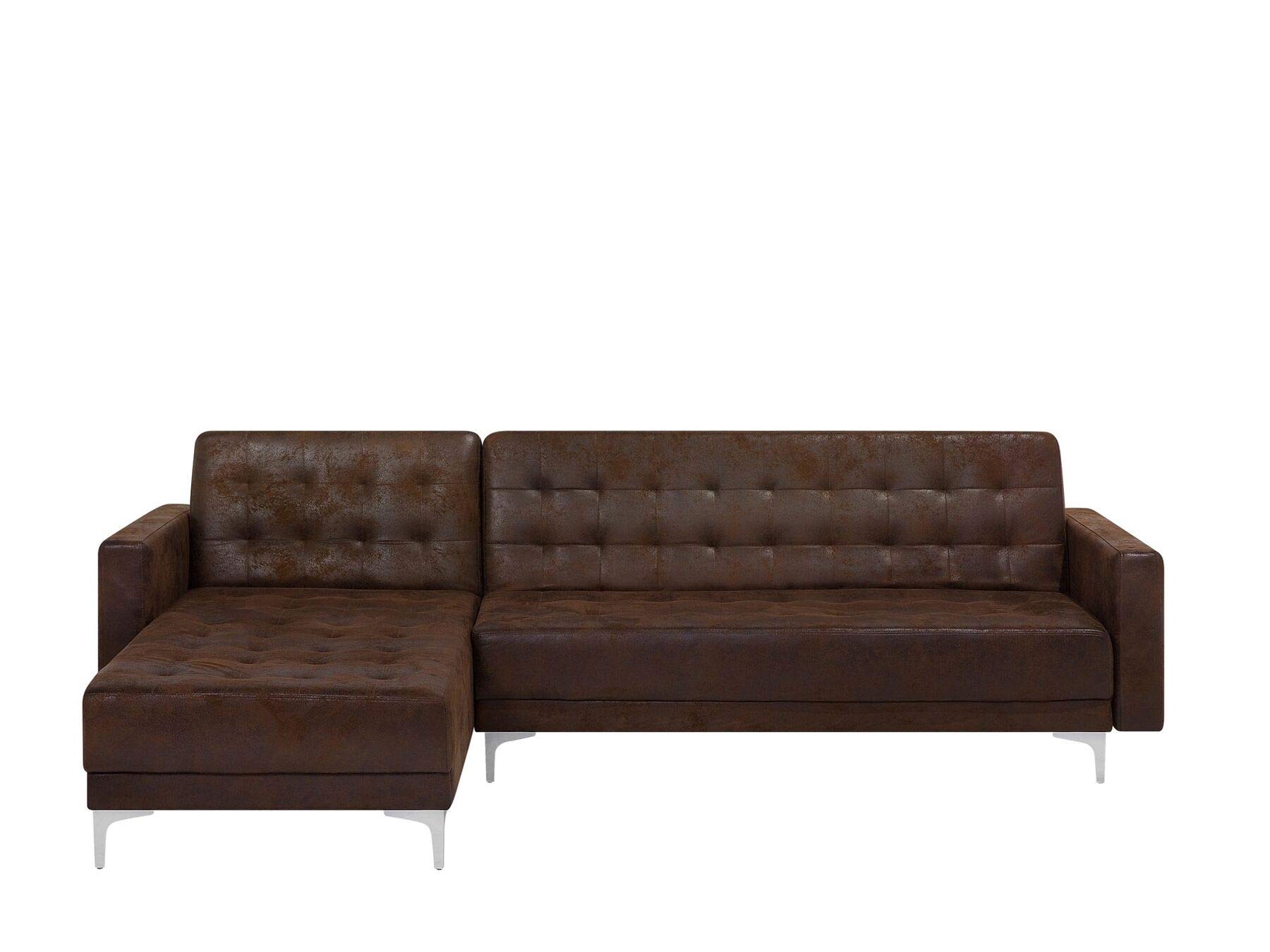 Modular Right Hand L-Shaped Corner Sofa Bed Brown PU Leather Tufted Aberdeen