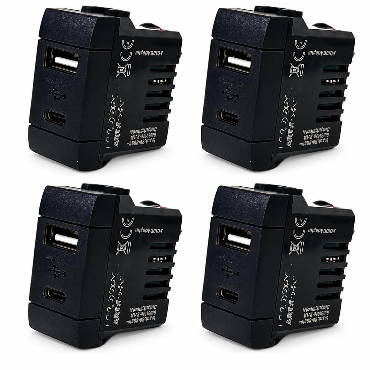 Voltix Set 4 Prese da Incasso USB-A e USB-C 2,1A Nero