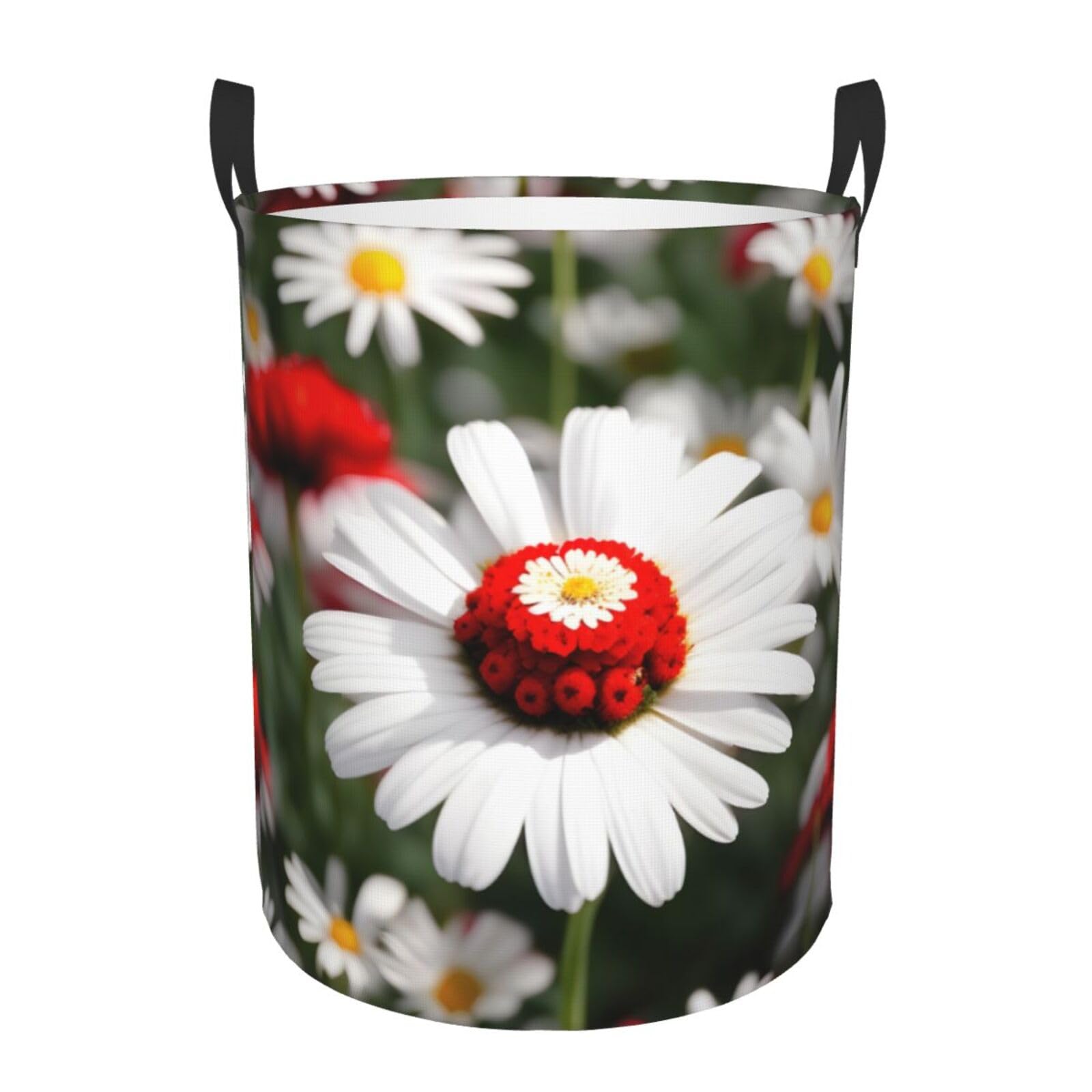 S Collapsible Round Flower and White Daisy Print Laundry Hamper