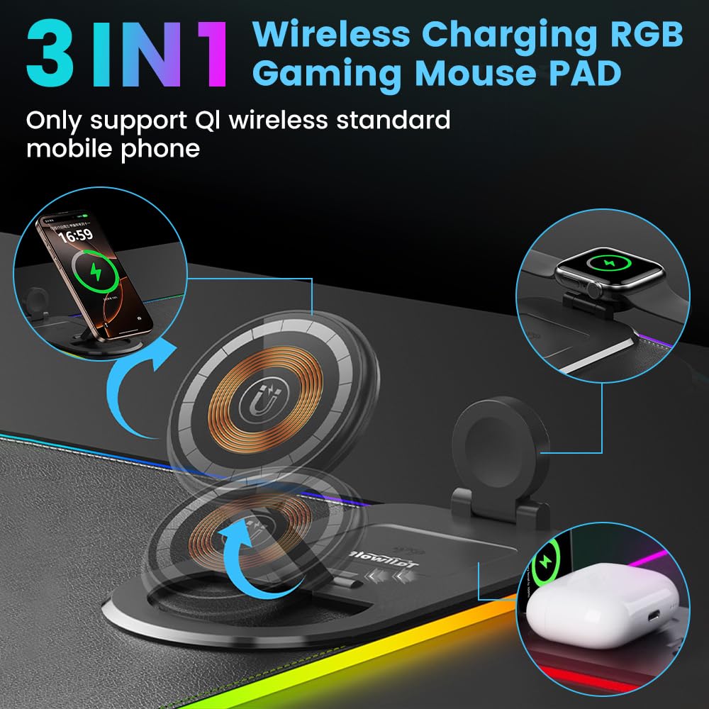 Tappetino per mouse 3 in 1 con ricarica wireless, 80 x 30 cm, RGB con ricarica wireless magnetica, 15 modalità di illuminazione, base antiscivolo, tappetino per tastiera impermeabile, nero