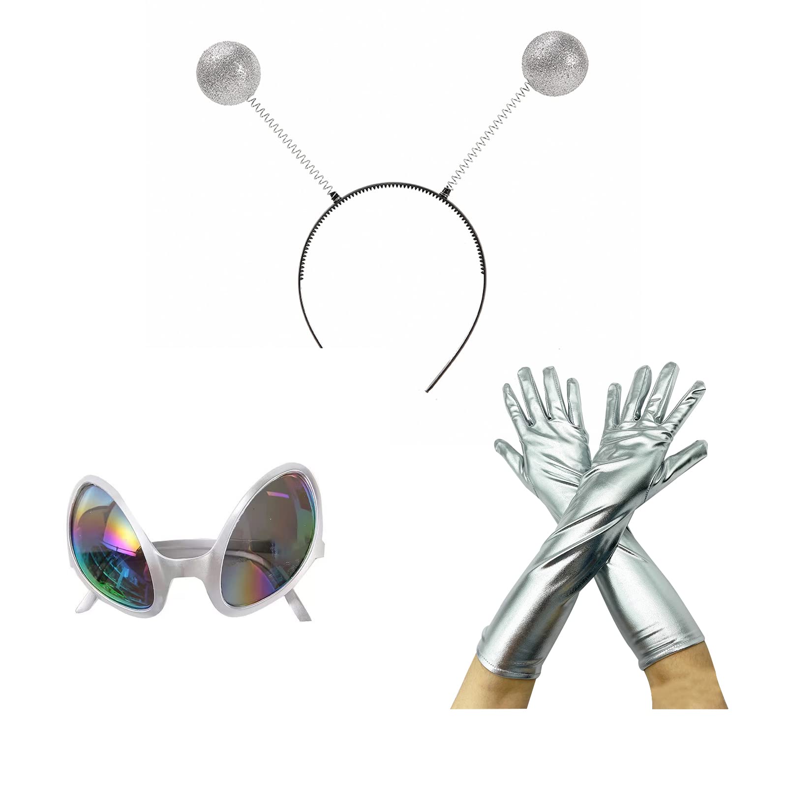 Degpum 3 Sets of Alien Costume Accessories - Hair Bows, Glasses, Gloves, Martian Headband, Silver Sunglasses, Head Cap - Halloween Costume