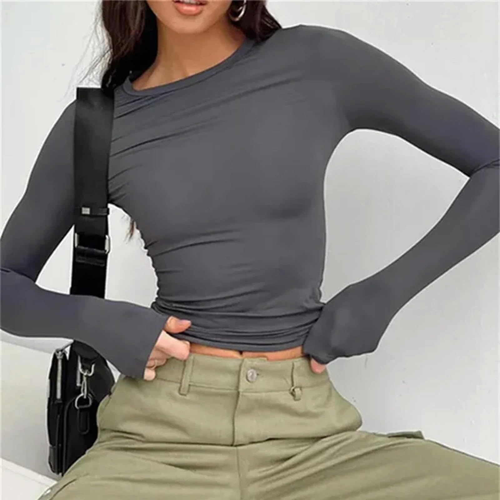 Women Long Sleeve Casual Pullovers Basic Y2k Streetwear Crop Tops