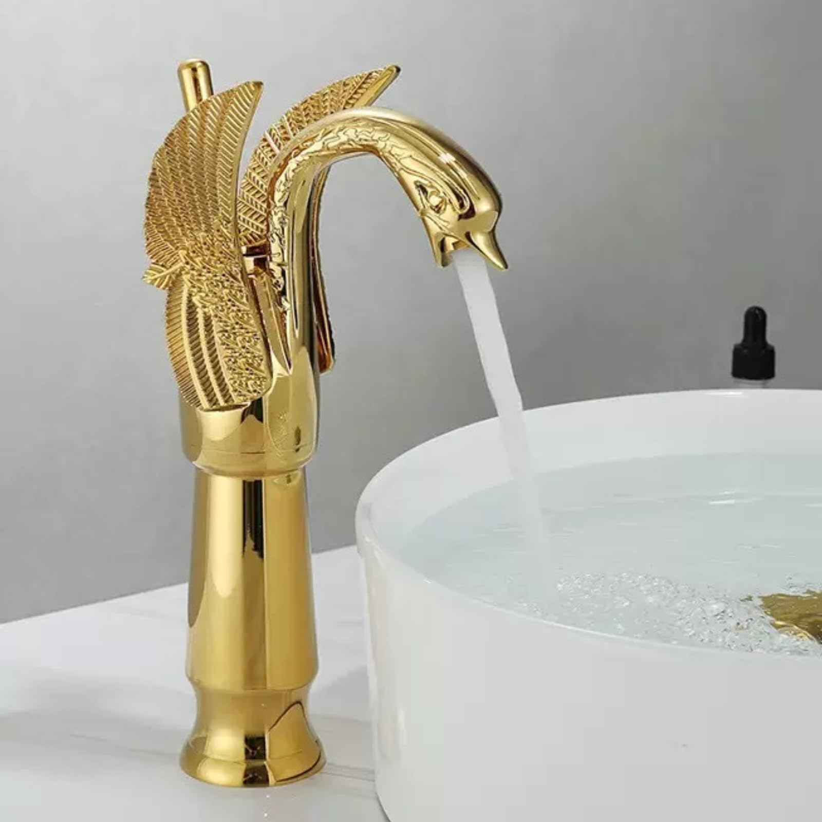 Einzigartiger Schwan Wasserhahn Bad Gold, Hohe Waschtischarmatur für Aufsatzwaschbecken, Retro Vintage Badarmatur Waschbecken, Einhebelmischer Mischbatterie Bad mit G3/8" Anschluss