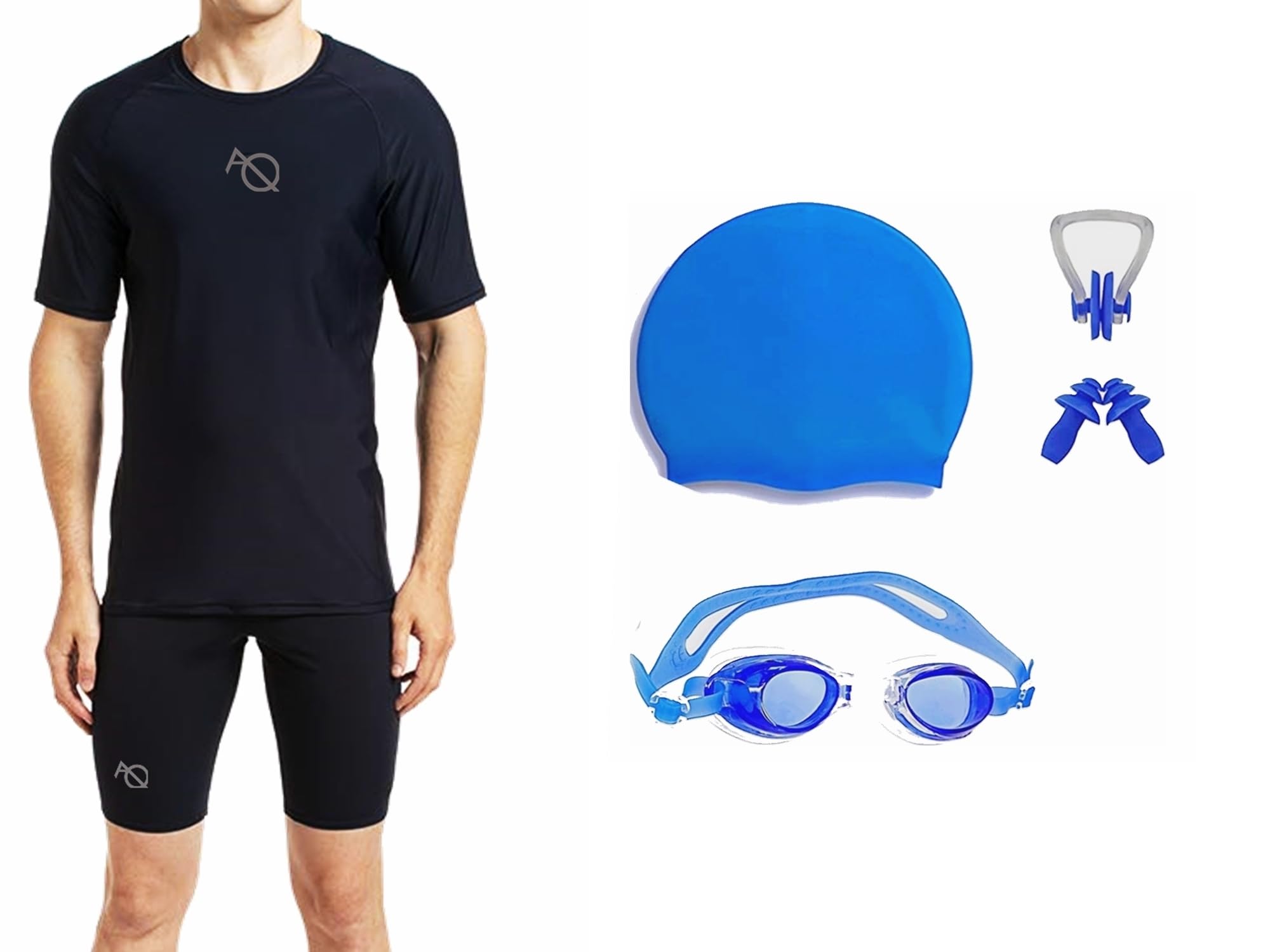 Men's Swimming T-Shirt & Short with Swimming Short 1 Anti Fog Swimming Goggles + 1 Silicone Swimming Cap+ 1 Nose Clip + 2 Ear Plugs(Black)