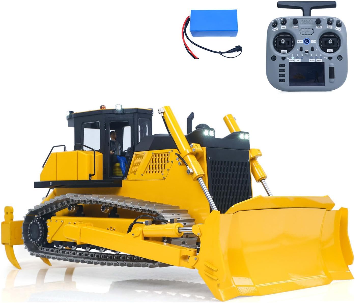 RTR Metal 1/12 Remote Control Hydraulic Bulldozer D155AX 7 Valves Heavy Duty Model Dozer 5 Plows Brushless Motor Light System Hobby Grade Model for Ages 14+