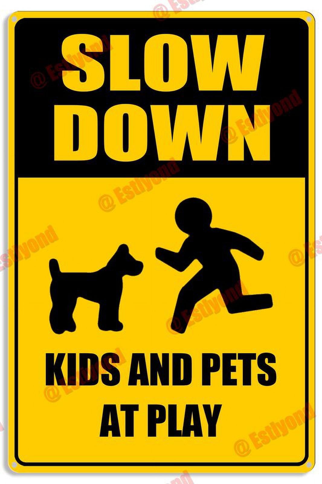 peiyeety Pedestrian Crossing Signs Slow Down Kids and Pets at Play Caution Warning Aluminum Metal Sign 12x16 Inches