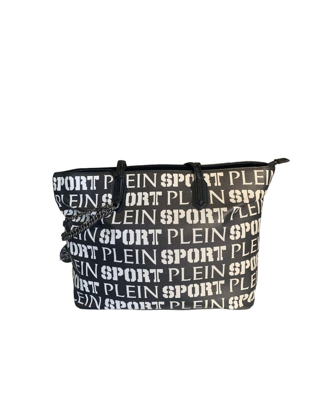 Plein Sport czarna torba na ramię z logo literin All Over. Regulowany pasek na ramię z czarnej wstążki. Dekoracyjny łańcuszek z metalowym medalionem. Zamknięcie torby na zamek błyskawiczny. Rozmiar:,