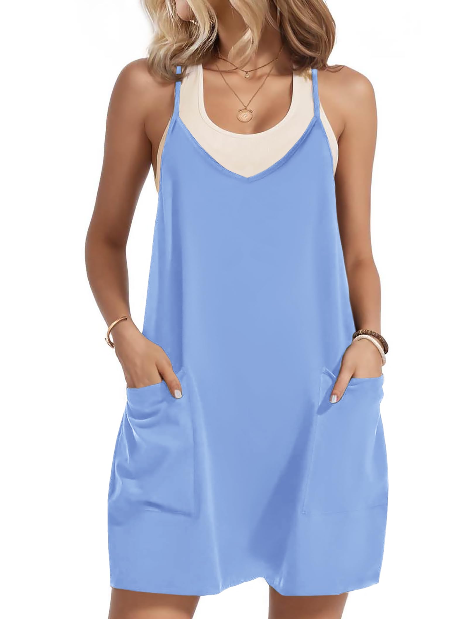 Zeagoo Latzrock Damen V Ausschnitt Spaghettiträger Latzkleid Ärmellos Kurz Overall Kleid Einfarbig Casual Minikleider Freizeitkleider mit Taschen S-XXL