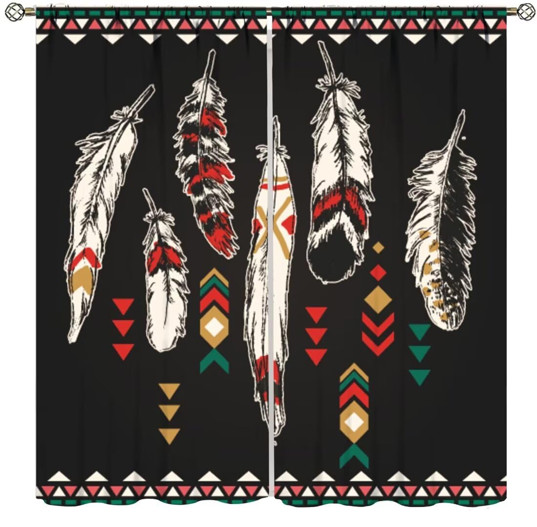 DDCBNS Tribe Feather Kitchen Curtains,Native American Indian Vintage Aztec Ethnic Style Window Treatments for Bedroom Living Room Café Window Drapes 2