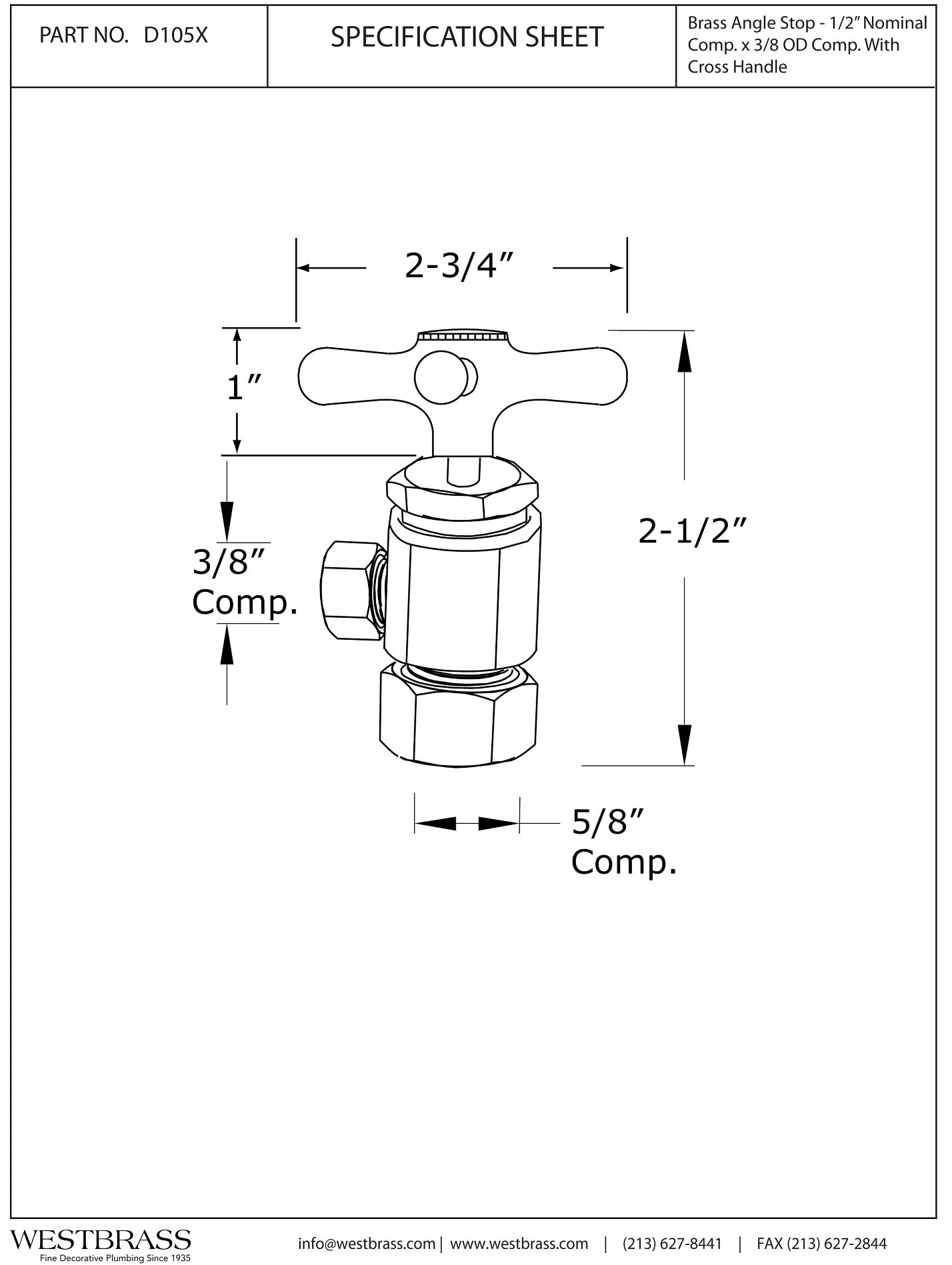 Westbrass Válvula de cierre de ángulo de mango cruzado, entrada de tubo de cobre de 1/2 pulgada con salida de compresión de 3/8 pulgadas, latón pulido, D105X-03