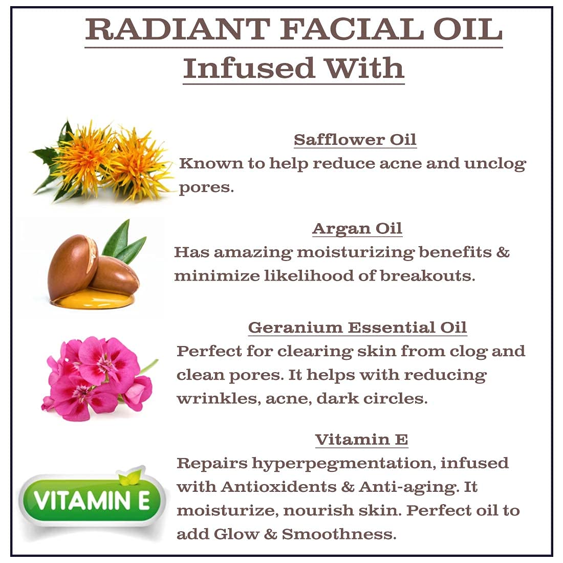 Radiant Beauty Facial Oil By Olivia Care - Infused with Argan, Safflower, Vitamin E & Geranium Essential Oil - All Natural - Hydrating, Anti-aging & Antioxidants - Remove Wrinkles & Clear Pores - 2 FL OZ : Beauty & Personal Care