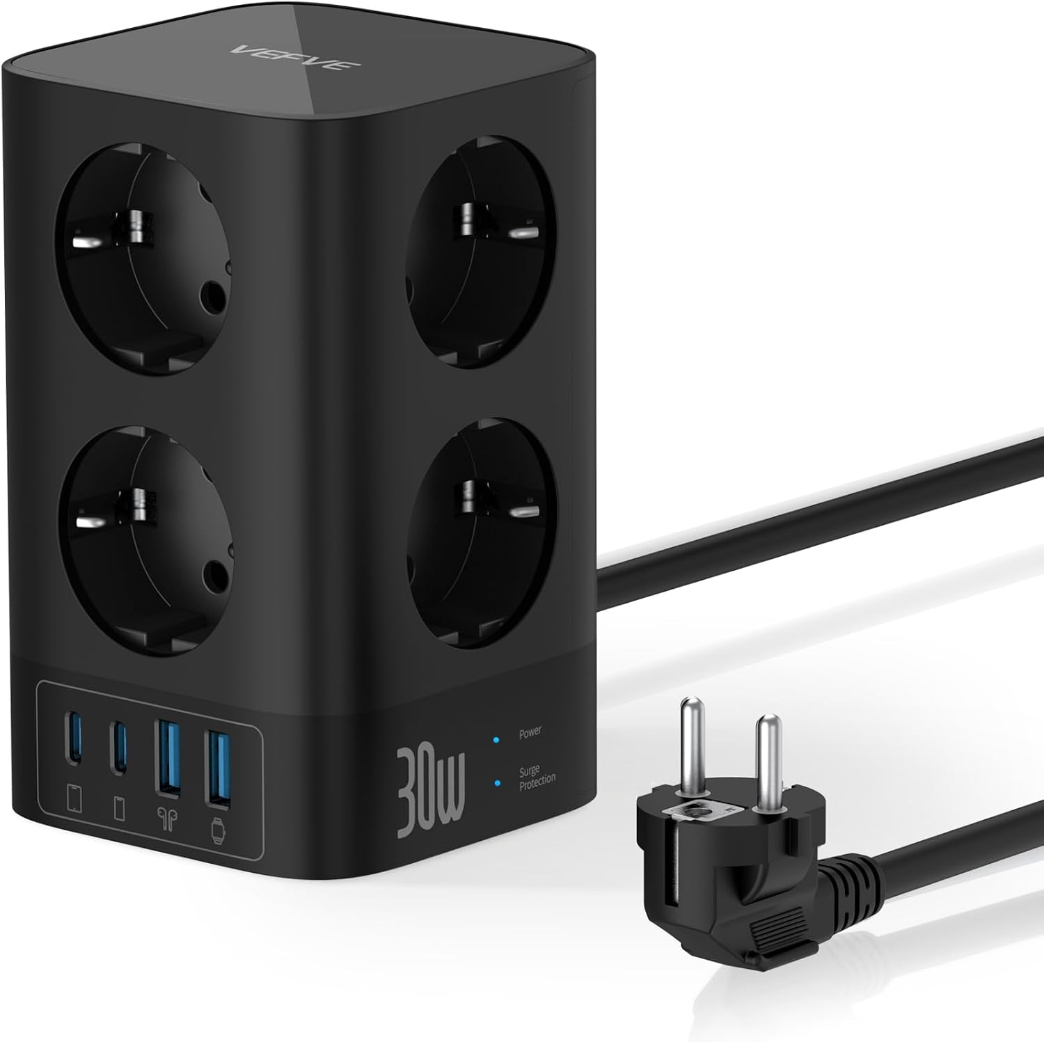 Torre de Enchufes 12 en 1 con USB‑C 30 W GAN – 8 Schuko + 2 USB‑C + 2 USB‑A, Protección Sobretensión, Cable 2 m, 4000 W/16 A, Ideal para Hogar, Oficina y Gaming