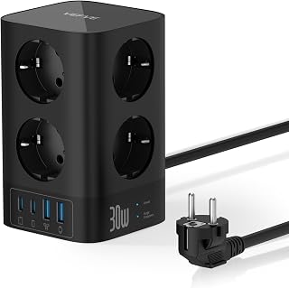 VEFVE Steckdosenturm Mehrfachsteckdose 30W USB C mit Schalter Schwarz