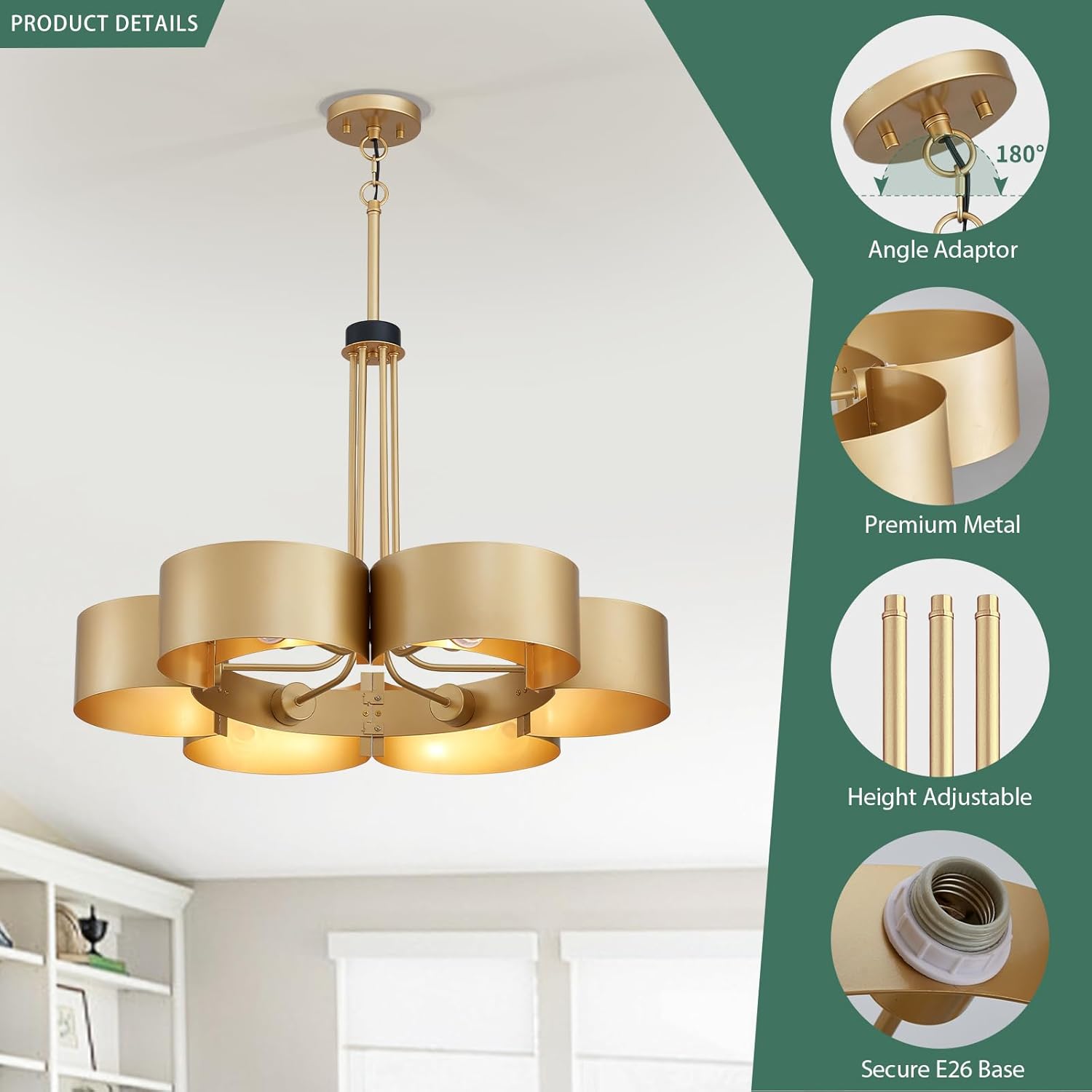 Rustic Gold Chandelier - 6-Light Ceiling Light - Height Adjustable Pendant Light for Living Room, Dining Room, Hallway - Elegant Design - Ideal Home Lighting