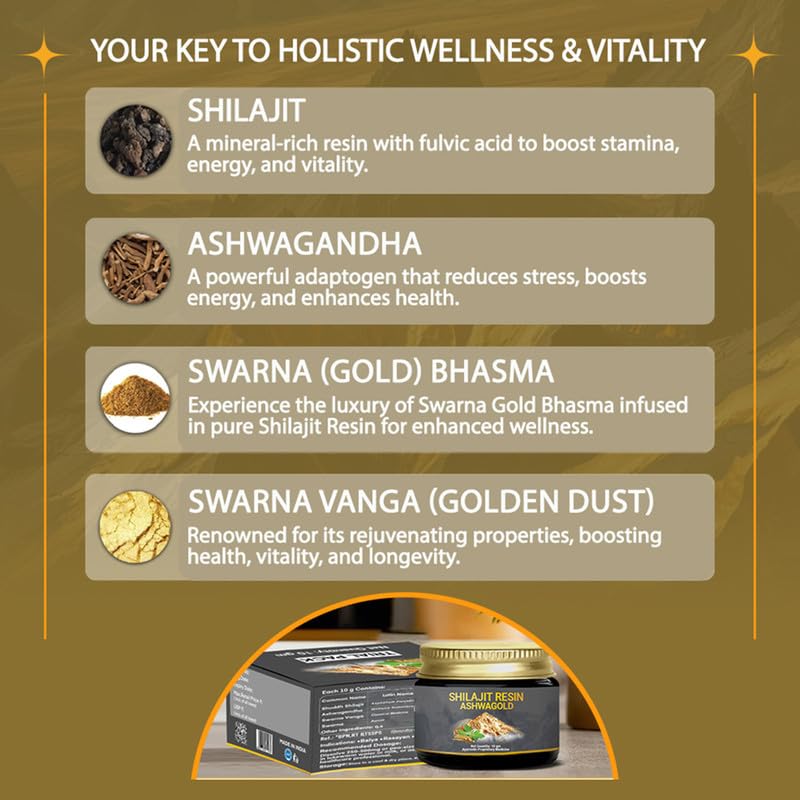 Image of NUTRiHERBS Shilajit Resin Ashwagold 10g - Pure Himalayan Shilajit for Men & Women | Stamina, Energy, Muscle Building Supplement | Ayurvedic Stamina Booster with Ashwagandha & Swarna Bhasma- Pack of 3