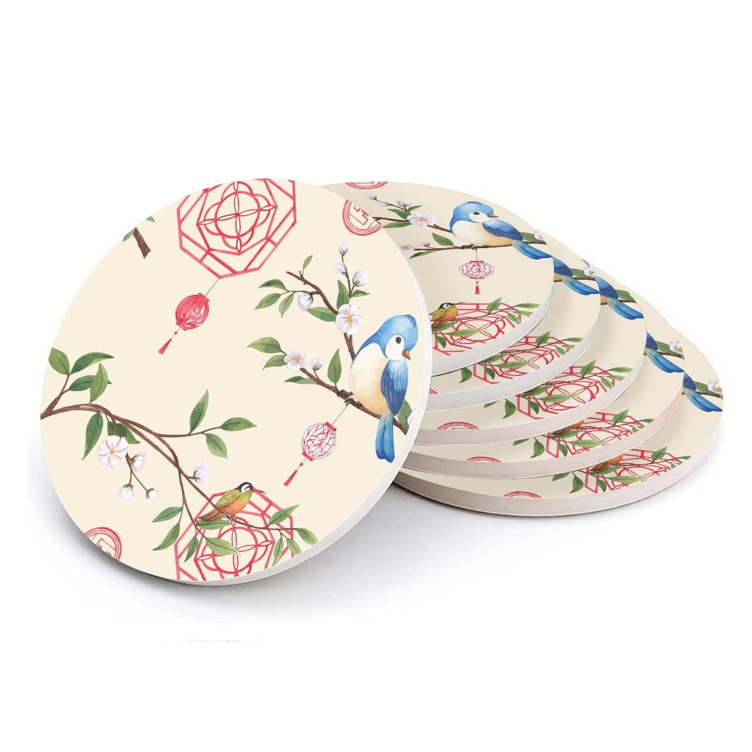 Sous-verre céramique oiseau lanterne motif japonais | Set de 6 dessous de verre absorbants