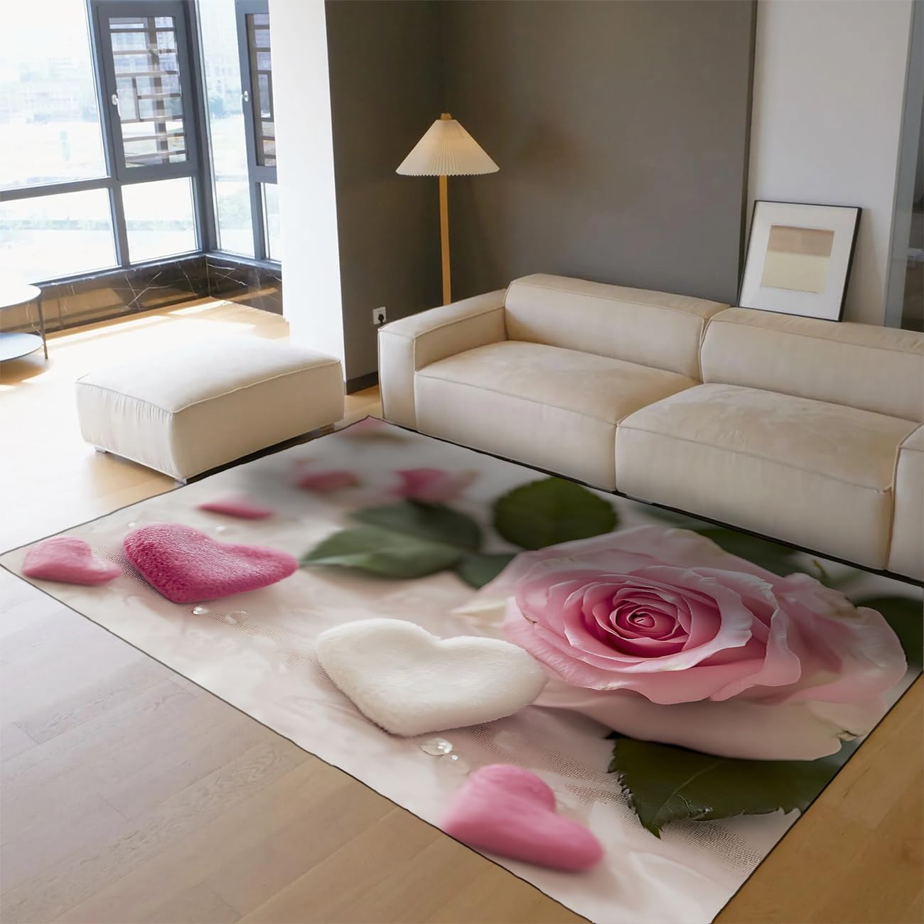 Blooming Love Floor​ dywany 180 x 270 cm romantyczna róża i słodka czekolada wzór dywan niskie runo antypoślizgowy różowy i biały walentynki dekoracja
