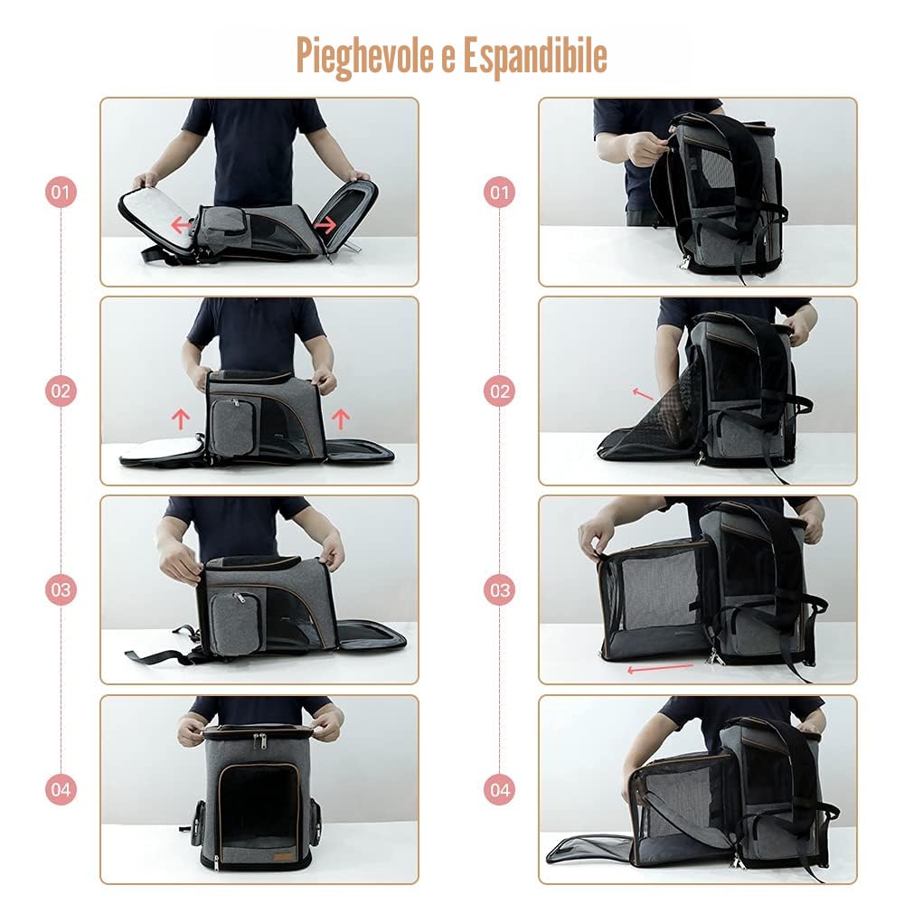 Lekesky Zaino per Cani Gatti Grande Porta Animali Estensibile, Portatile Zaino Trasportino Gatto Pieghevole con Guinzaglio Interno e 2 Tappetini, Per Cani Piccoli Gatti Medi Fino a 5 KG, Grigio