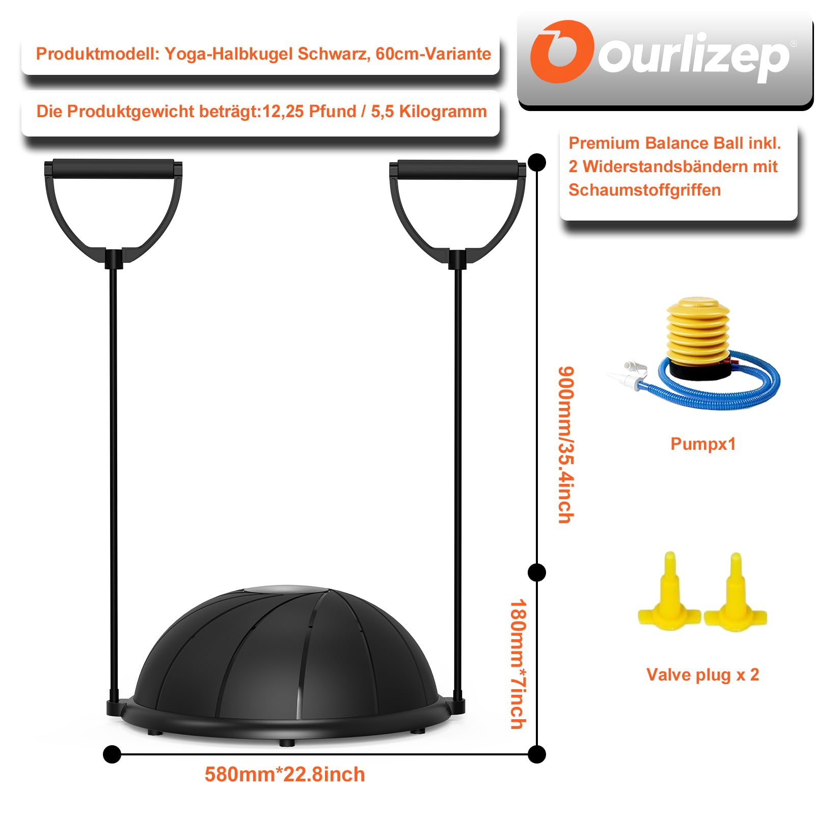 Ourizep Balance Ball bis 300 kg | Trainingsball | Halbkugel mit Expander und Pumpe | rutschfest | Yoga Ball für Krafttraining | 60 cm