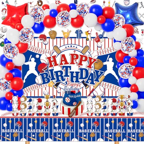 LXlucktim Baseball Birthday Party Decorations, 189 Pcs Baseball Themed Party Supplies for Boys Baby - Backdrop, Cake Cupcake Toppers, Balloons, Cupcakes Wrappers, Hanging Swirls, Tablecloth, Stickers