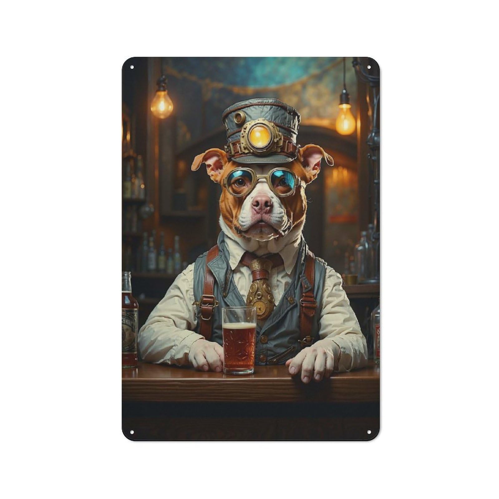 Decorative Tin Sign with Steampunk Beer Pitbull 2 Design 30x20cm, Nostalgic Old Style Wall Plaque for Living Room, Hallway, Kitchen Or Cafe