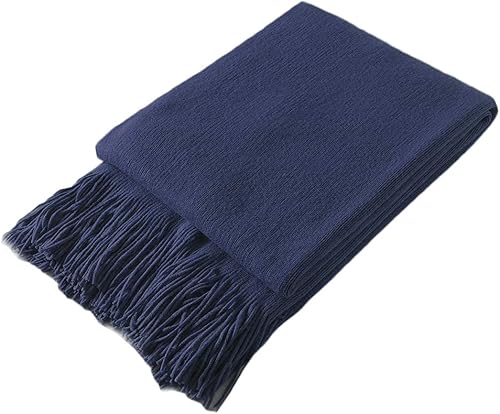 Miniatura 6 de Homiest - Manta decorativa de punto con flecos, manta ligera tejida de acrílico, manta suave y acogedora con borlas para sofá, sillón, cama (azul