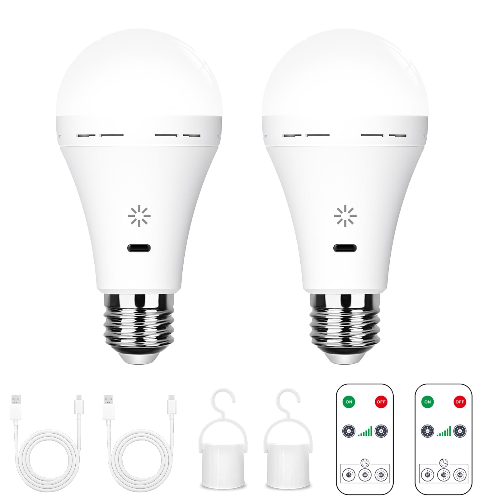 USB Rechargeable Light Bulb with Remote Control, 2600mAh Battery Powered Light Bulbs E26 Touch Control Dimmable LED Bulb with Timer, Outdoor Emergency Bulb with Hook,6500K/2 Pack