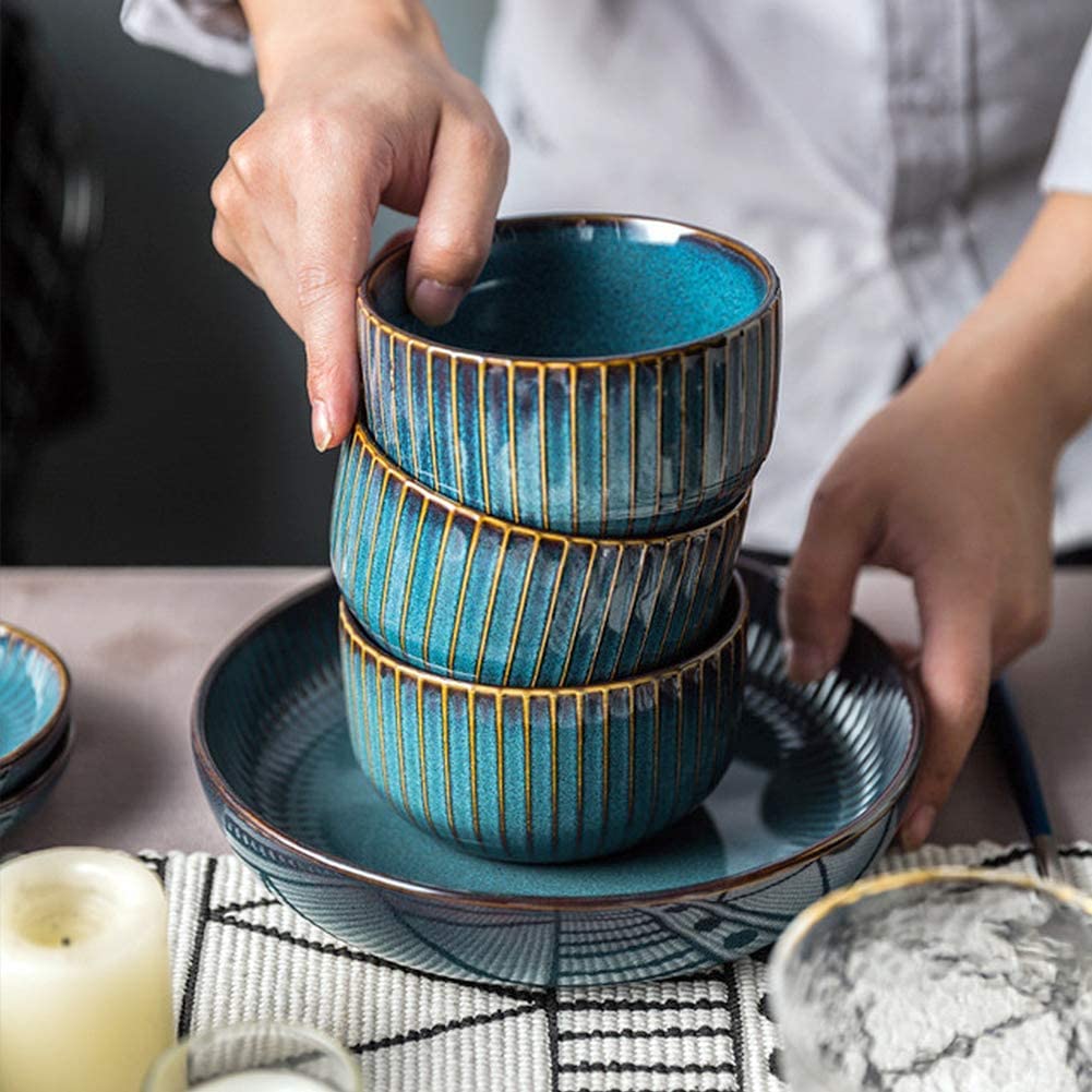 fikujap Steingut Geschirr Set, modern Teller Set,Keramik tafelservice speiseteller, Vintage Geschirr bunt,Fine Porcelain Crockery, Blue Dinner Plates, Deep Soup Plates,Serving Dishes 28-Piece Küche, Haushalt & Wohnen