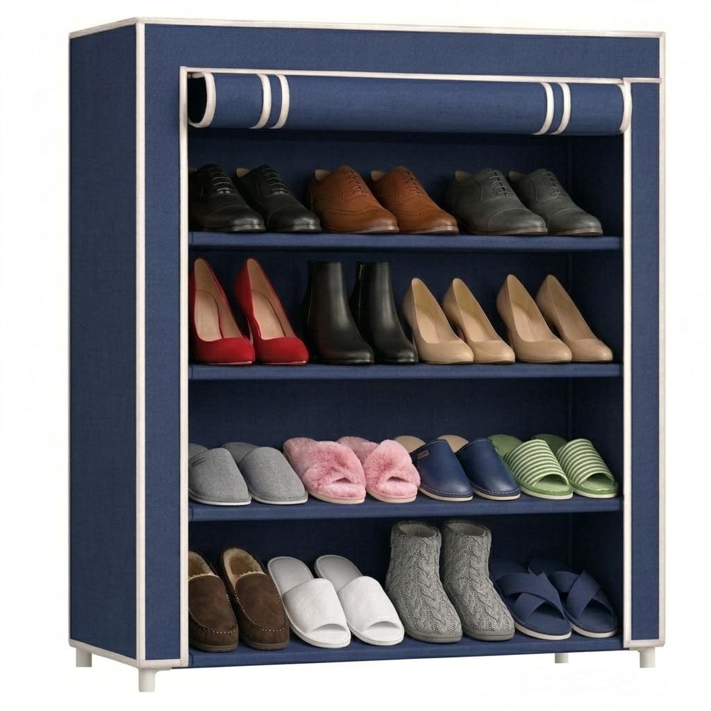 EASY BUY 4 Shelves Shoe Rack Plastic Blue with Zip Door Cover & Side Pockets, Multiuse Storage Rack for Footwear, Toys, Clothes with Dustproof Cover 4 Shelves-image-30