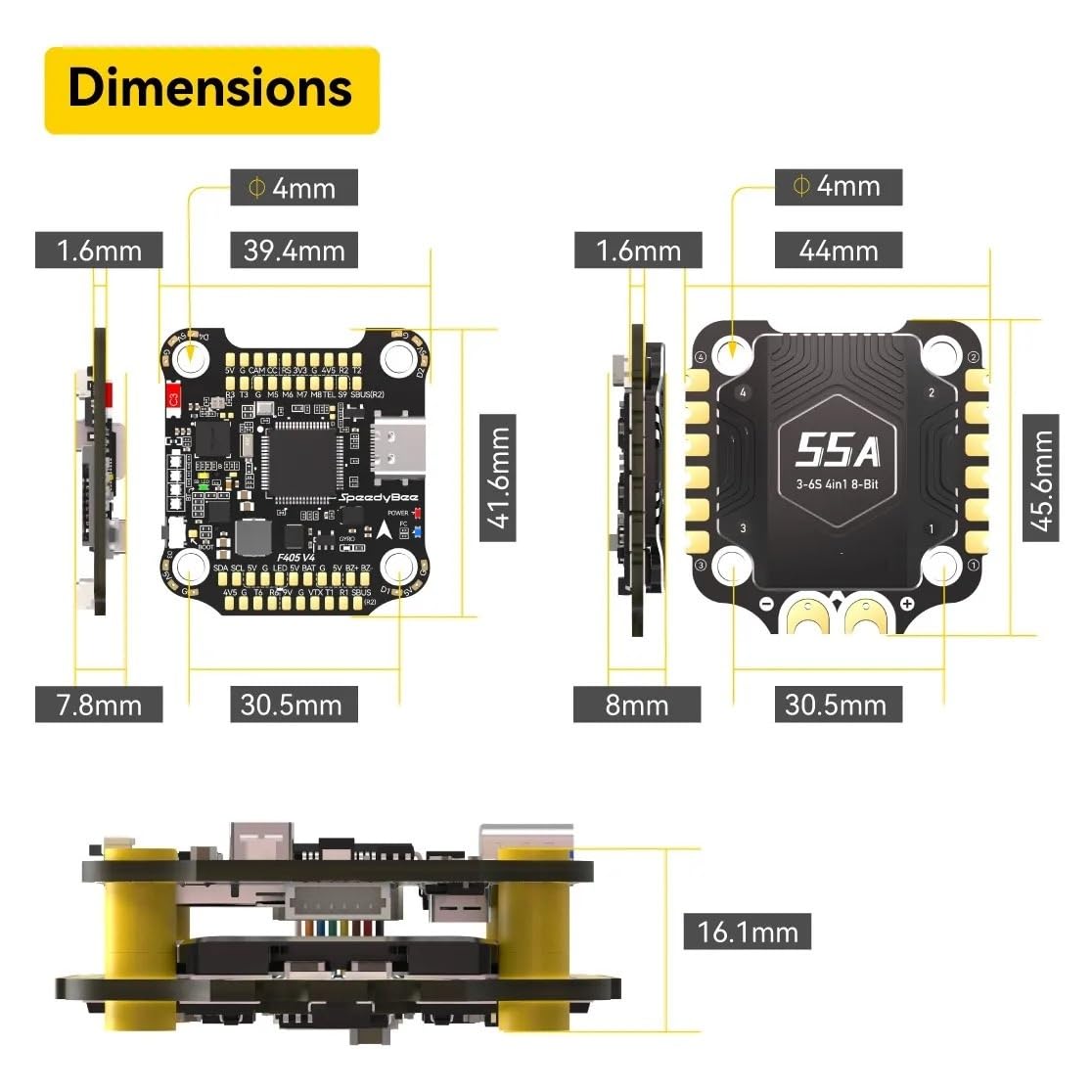 Dla SpeedyBee F405 V4 3-6S 30X30 FC i ESC stos ICM42688P F405 kontroler lotu BLHELIS 55A 4w1 ESC dla modelu drona FPV Freestyle(F405-V4)