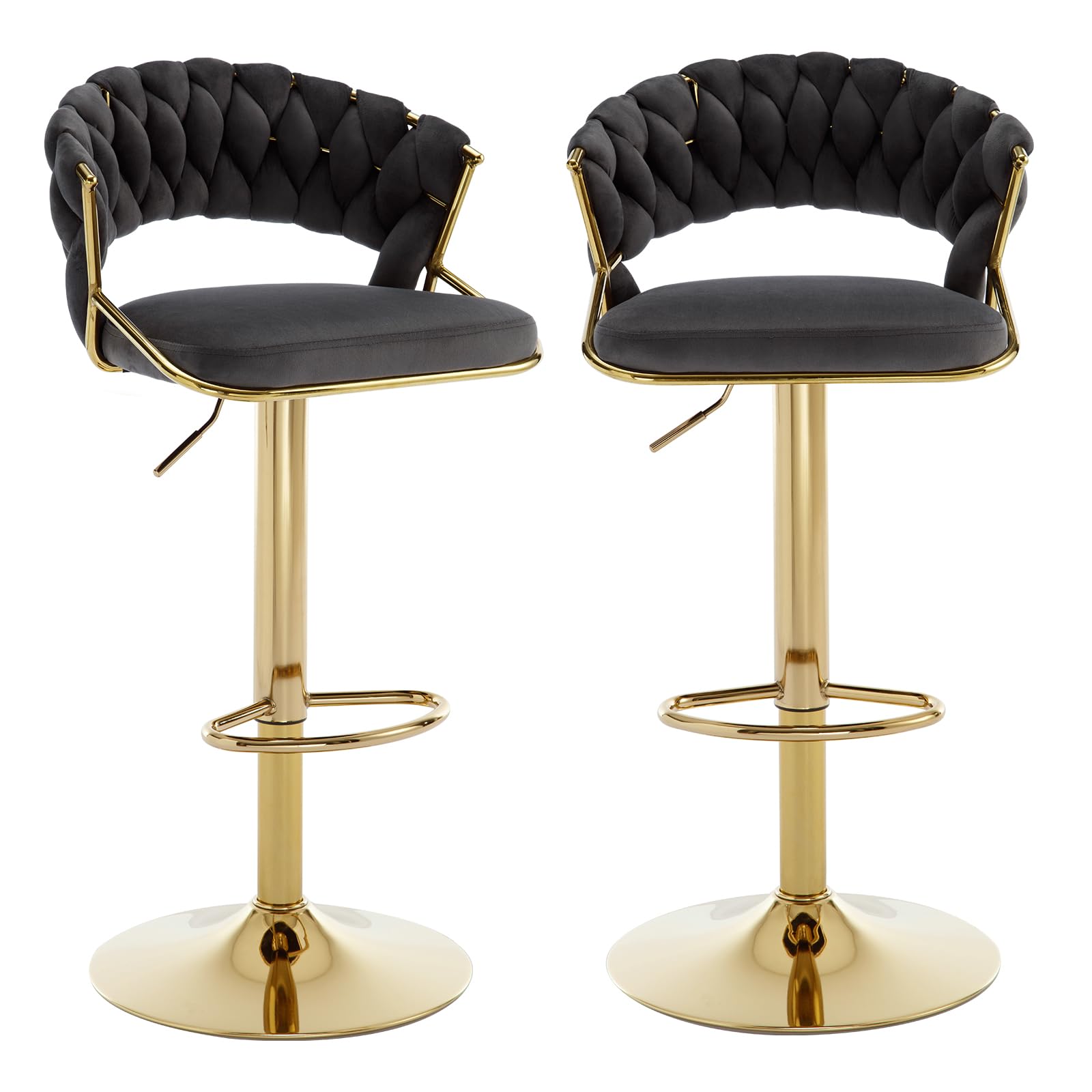 Relbiety Bar Stools Set of 2 Height Adjustable With Woven Backrest Velvet Padded, 360° Swivel Breakfast Chairs Barstools Counter Height for Home Kitchen Counter Pub Bar,Dark Grey — image 1